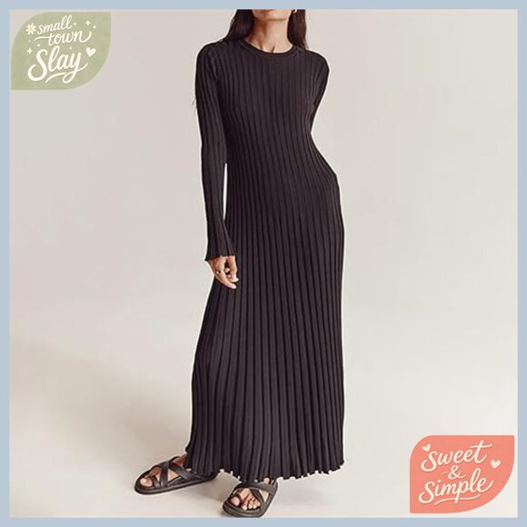 Long Sleeve Ribbed Maxi Dress Bodycon Slim Fit Knit Sweater Dress - Picture 3 of 7
